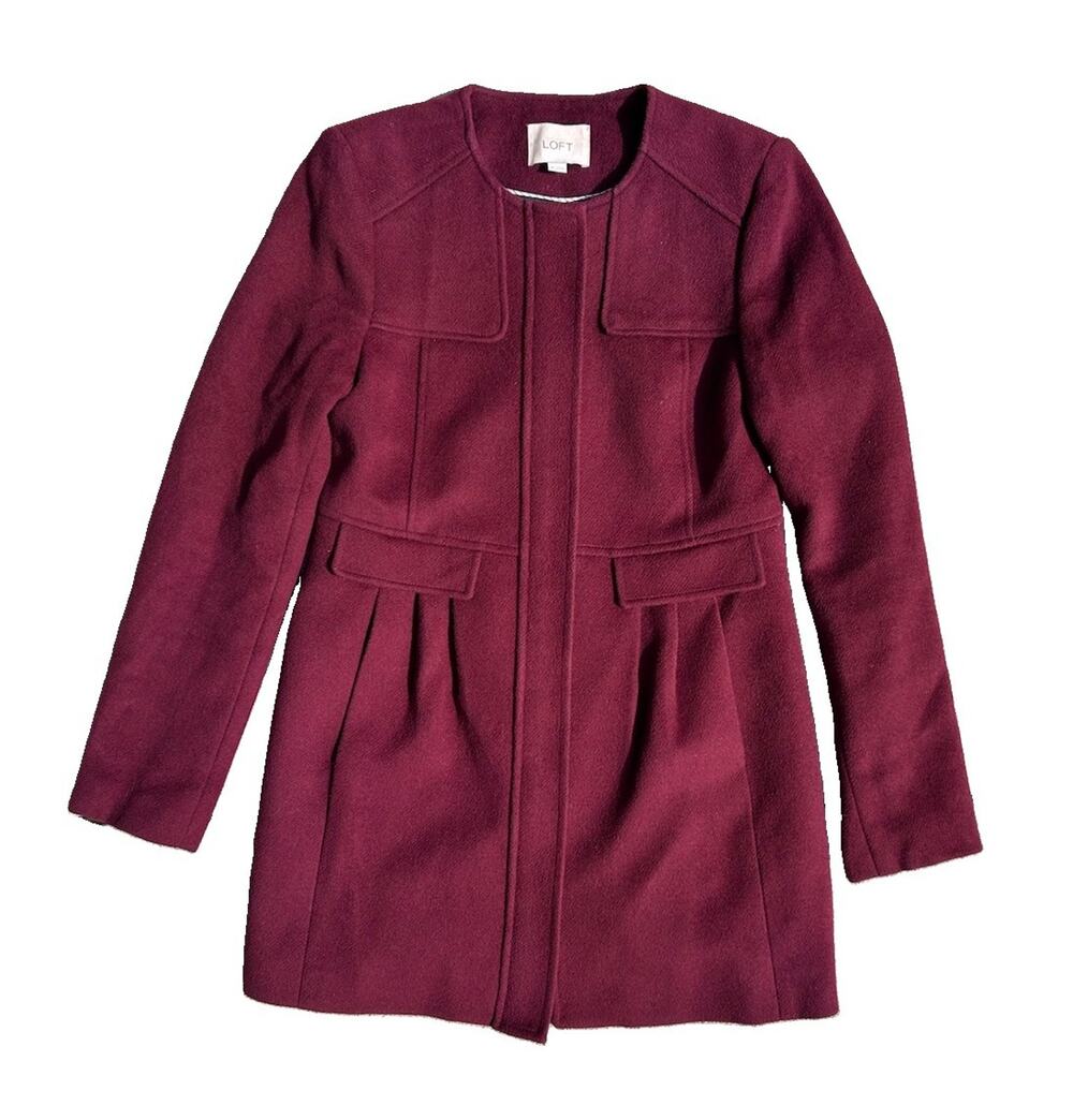 Ann Taylor Loft Wool Blend Burgandy Red Full Zip Coat Preppy Women’s XS